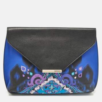 Pre Owned Emilio Pucci Black/Blue Newton Print Leather Envelope Clutch