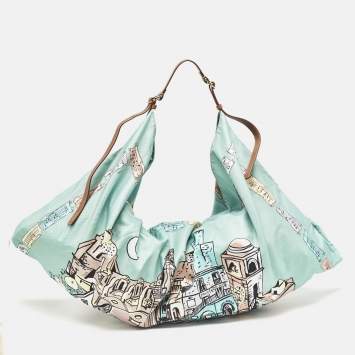 Pre Owned Emilio Pucci Green Piazzetta Satin and Leather Carre Hobo