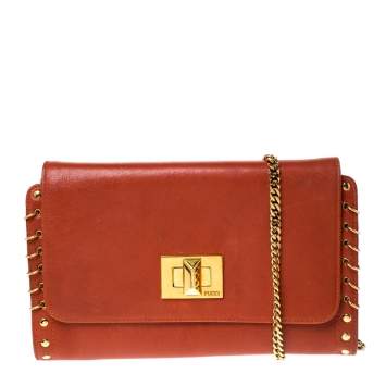 Pre Owned Emilio Pucci Copper Brown Leather Ring Accented Chain Shoulder Bag