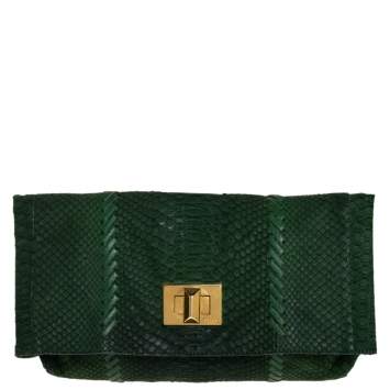 Pre Owned Emilio Pucci Green Python Fold Over Flap Clutch 