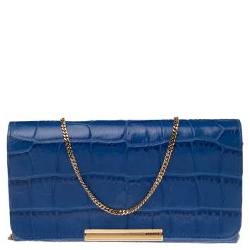Pre Owned Emilio Pucci Blue Croc Embossed Leather Wallet on Chain