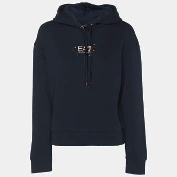 Pre Owned Emporio Armani Navy Blue Jersey Logo Embroidered Hoodie M