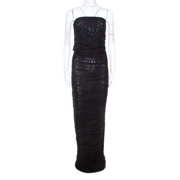 Pre Owned Emporio Armani Black Stretch Net Ruched Evening Gown M