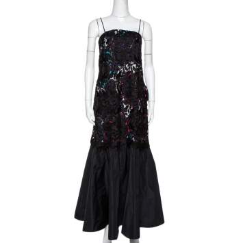Pre Owned Emporio Armani Black Printed Satin & Lace Overlay Maxi Dress S