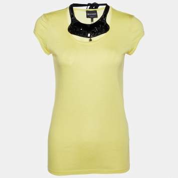 Pre Owned Emporio Armani Yellow Cotton & Modal Embellished Neck Detail T-Shirt M