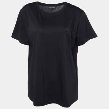 Pre Owned Emporio Armani Black Velour Pattern Cotton Knit T-Shirt L