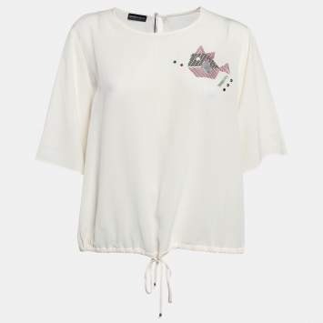 Pre Owned Emporio Armani Off White Embellished Silk Short Sleeve Blouse L