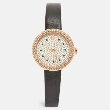 Pre Owned Emporio Armani Pavé Rose Gold Stainless Steel Leather Crystal AR11492 Women's Wristwatch 30 mm