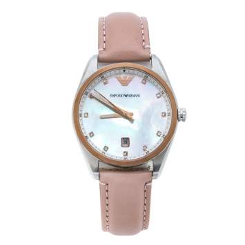 Pre Owned  Emporio Armani Mother Of Pearl Two-Tone Stainless Steel Leather AR6133 Women's Wristwatch 36 mm