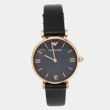 Pre Owned Emporio Armani Black Mother Of Pearl Gold PVD Coated Stainless Steel Embossed Leather Gianni T-Bar AR11060 Women's Wristwatch 32 mm