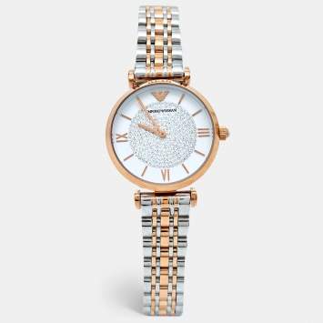 Pre Owned Emporio Armani White Crystal Two Tone Stainless Steel AR1926 Women's Wristwatch 32MM