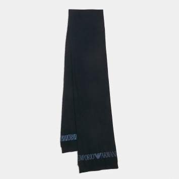 Pre Owned Emporio Armani Navy Blue Rib Knit Logo Intarsia Scarf