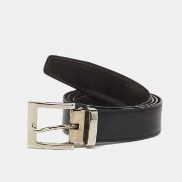 Pre Owned Emporio Armani Reversible Cut to Size Buckle Belt Black Leather