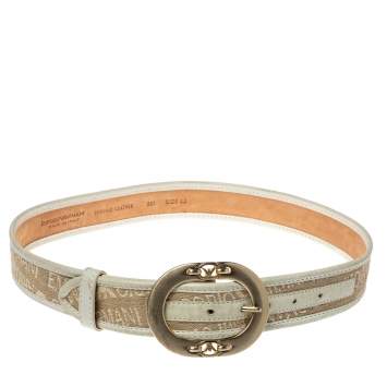 Pre Owned Emporio Armani Beige/Light Green Canvas and Leather Trim Logo Buckle Belt 85CM