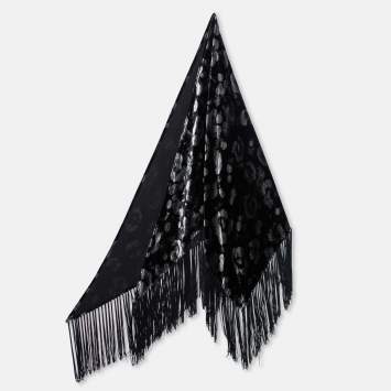 Pre Owned Emporio Armani Black Animal Print Velvet Fringed Triangle Scarf
