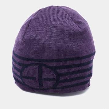 Pre Owned Emporio Armani Purple Striped Wool Beanie 56 cm