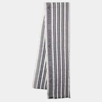 Pre Owned Emporio Armani White Striped Cottom & Linen Scarf