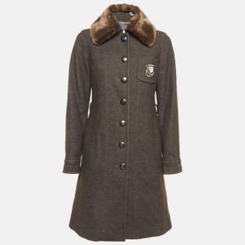 Pre Owned Emporio Armani Brown Wool Detachable Fur Collar Long Coat S