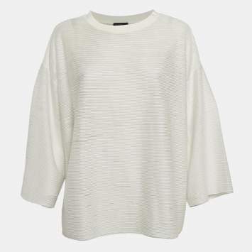 Pre Owned Emporio Armani White Stripe Textured Stretch Knit T-Shirt M