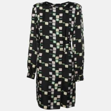 Pre Owned Emporio Armani Black Printed Crepe Mini Dress M
