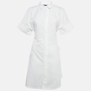Pre Owned Emporio Armani White Poplin Belted Shirt Dress M