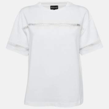 Pre Owned Emporio Armani White Cotton Logo Lace Trimmed T-Shirt M