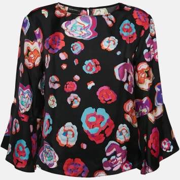 Pre Owned Emporio Armani Black Floral Abstract Print Silk Top L