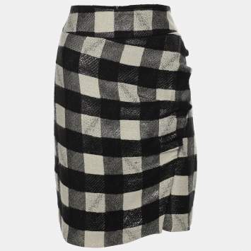Pre Owned Emporio Armani Black/White Checkered Lurex Blend Midi Skirt M