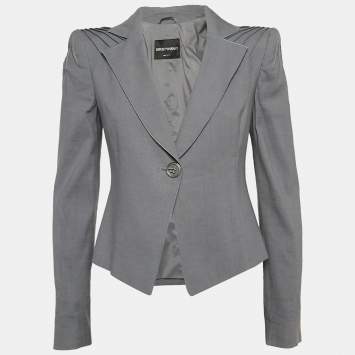 Pre Owned Emporio Armani Grey Wool Blend Pleated Shoulder Blazer M