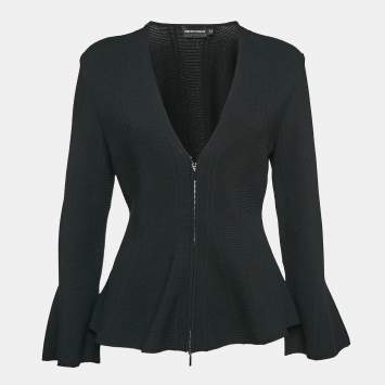 Pre Owned Emporio Armani Black Textured Knit Zip-Up Cardigan S
