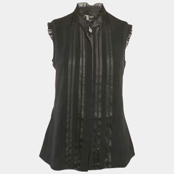 Pre Owned Emporio Armani Black Silk Pleat Detail Ruffled Sleeveless Blouse M