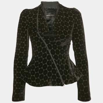 Pre Owned Emporio Armani Black Circle Ciselé Velvet Zip Front Top XS