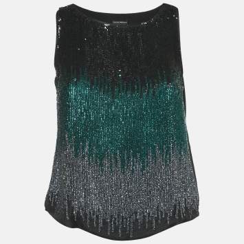 Pre Owned Emporio Armani Black Sequin Silk Tank Top M