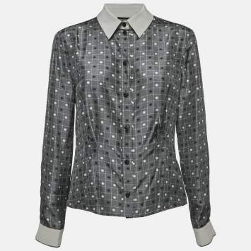Pre Owned Emporio Armani Grey Dots and Checks Print Silk Pleated Shirt L