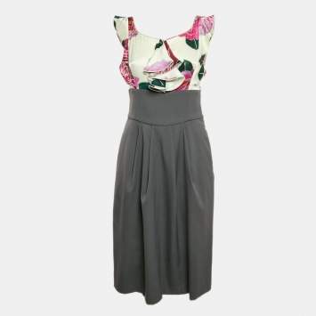 Pre Owned Emporio Armani Pink/Grey Floral Print Satin and Wool Ruffled Short Dress M