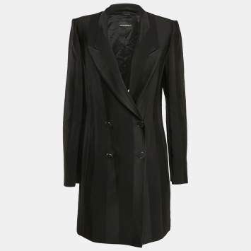 Emporio Armani Black Stripe Wool Blend Double Breasted Mid-Length Coat XL