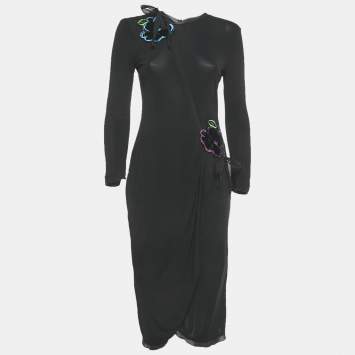 Pre Owned فستان إمبوريو أرماني أسود برقعة زهور قماش متوسط ميدي مقاس ميديم