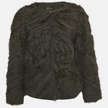 Pre Owned Emporio Armani Black Textured Crepe Zip-Up Jacket S