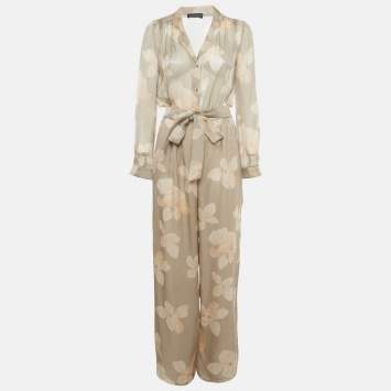 Pre Owned Emporio Armani Beige Floral Printed Silk Belted Jumpsuit S