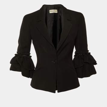 Pre Owned Emporio Armani Black Crepe Ruffled Sleeve Blazer S