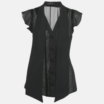 Pre Owned Emporio Armani Black Beaded Chiffon Semi Sheer Shirt S