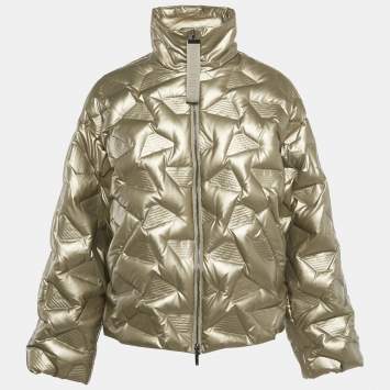 Pre Owned Emporio Armani Metallic Gold Synthetic Debossed Monogram Quilted Jacket L