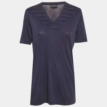 مملوكة مسبقًا Emporio Armani Jeans Blue Jersey Ruffled V-Neck T-Shirt L