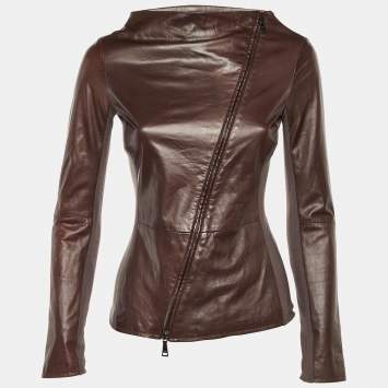 Pre Owned Emporio Armani Brown Leather & Knit Asymmetrical Jacket S