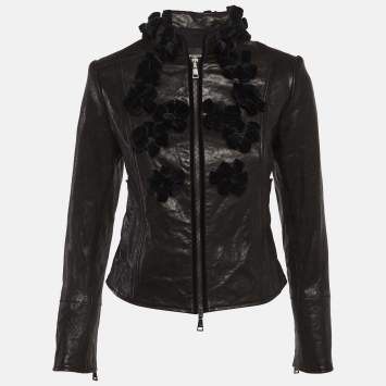 Pre Owned Emporio Armani Black Velvet Floral Trim Leather Jacket S