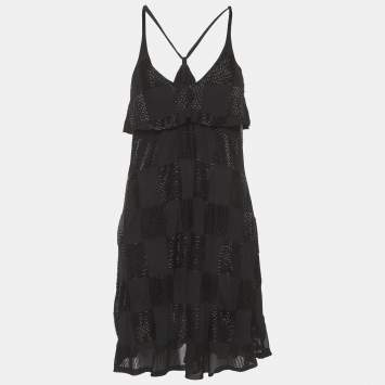 Pre Owned Emporio Armani Black Sequin Crepe Flared Mini Dress L