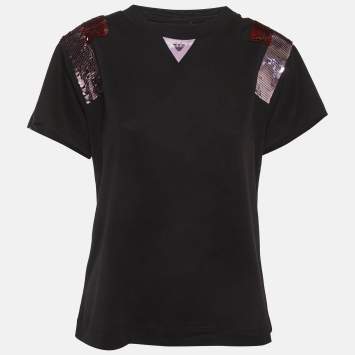 Pre Owned Emporio Armani Black Sequin Detail Jersey T-Shirt M
