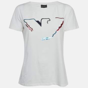 Pre Owned Emporio Armani White Logo Sequin Jersey T-Shirt M
