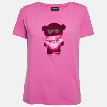 Pre Owned Emporio Armani Jersey Teddy Sequin Jersey T-Shirt M