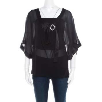 Pre Owned Emporio Armani Black Sheer Silk Embellished Satin Trim Blouse L